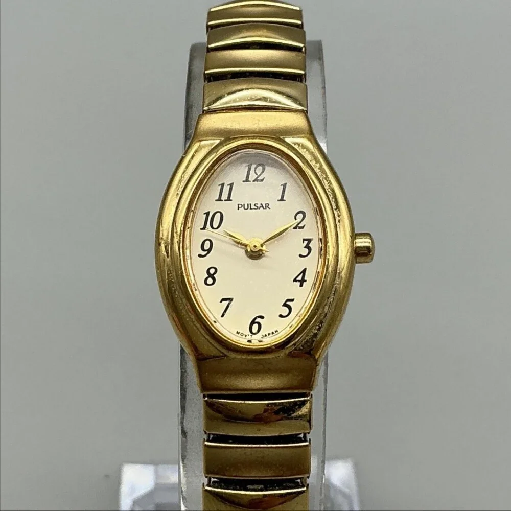 Vtg Pulsar Women Watch 19mm Oval Gold Tone Stretch Band V501-X229 New Battery